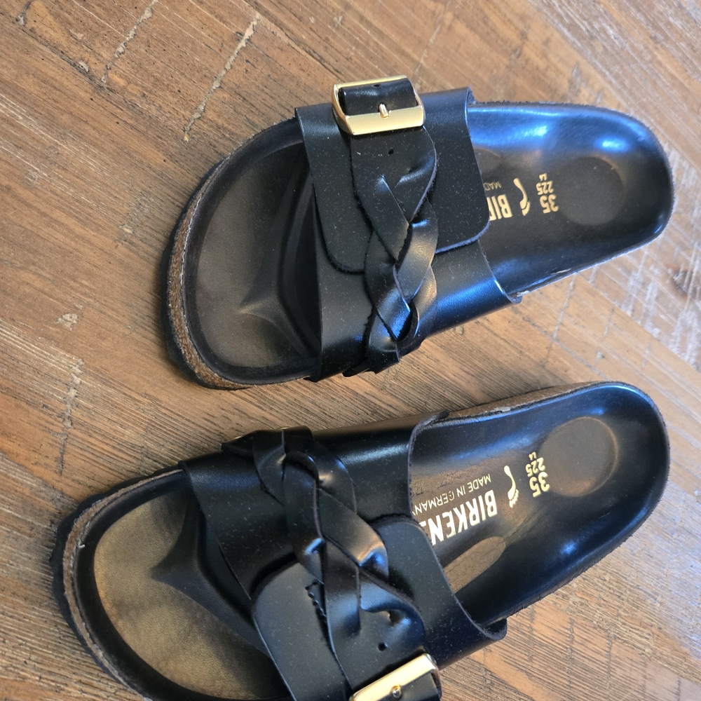 Birkenstock Black Braided Leather Slide Sandals with Gold Buckles